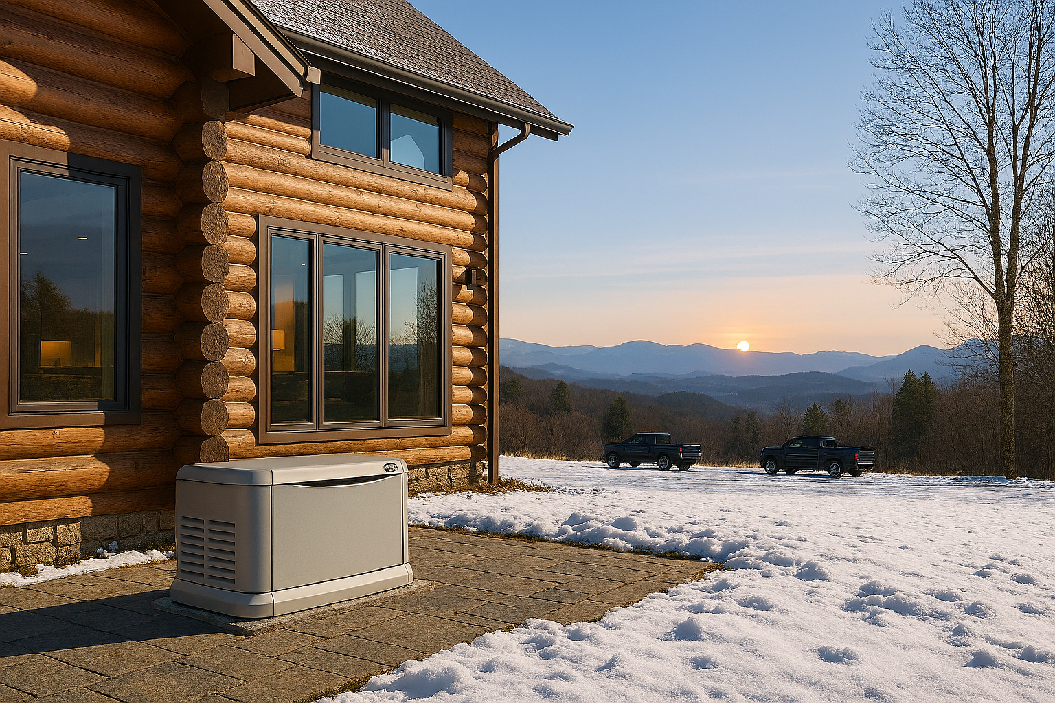 Whole-house standby generator beside a home